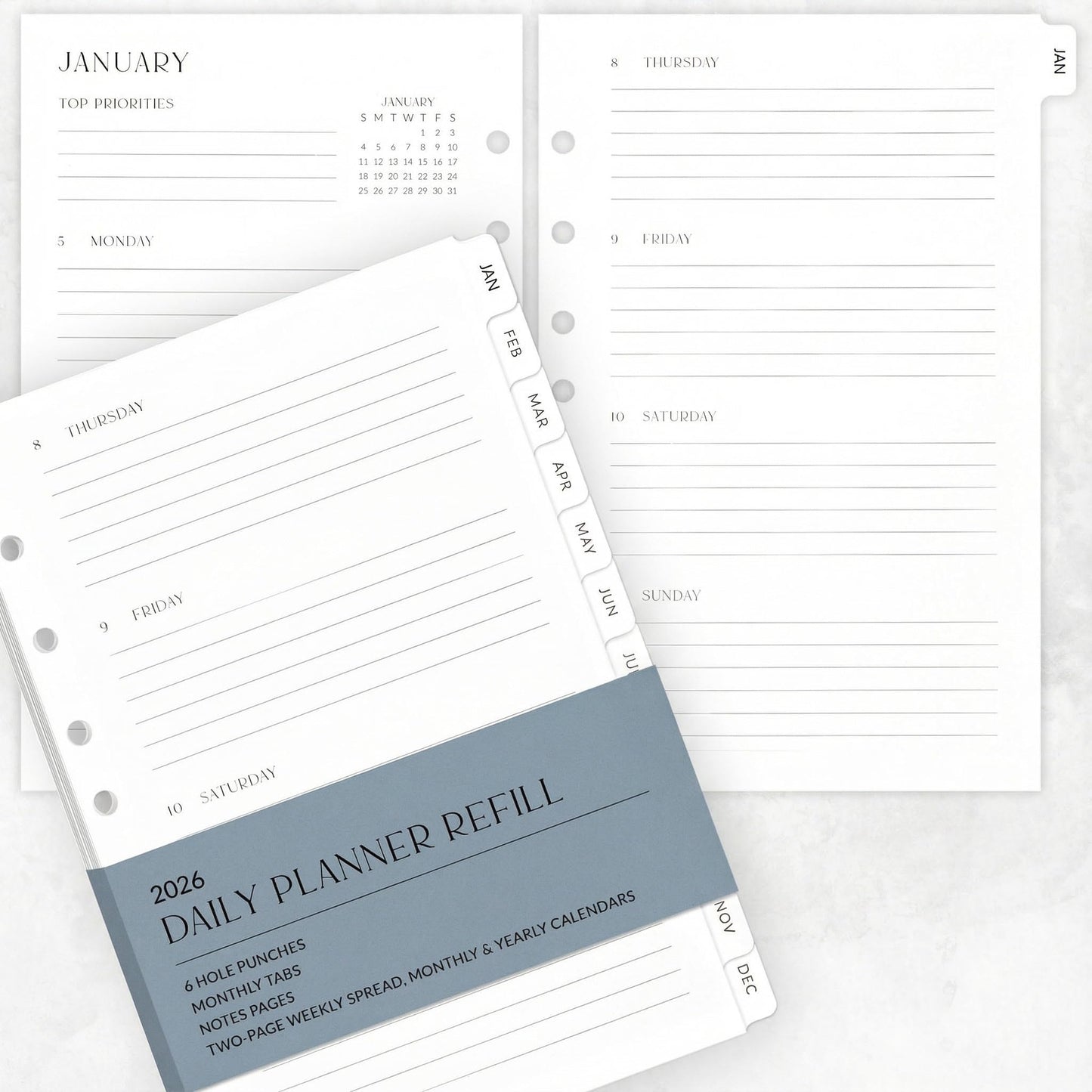 Minimalistic Daily Planner Inserts - 6-Hole Punched 2025-2026 Planner Refills for Ring Binder - Small Planner Binder Inserts With Cover and Tabs from January 2026 until December 2026