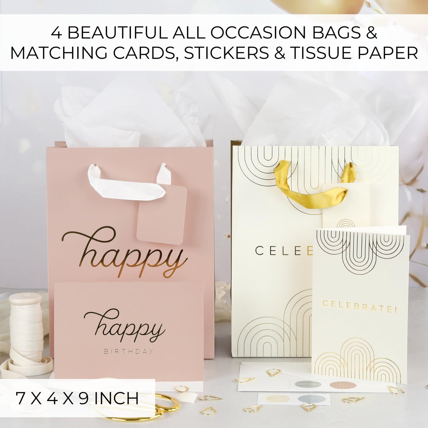 Beautiful Birthday Gift Bags Set of 4 - Medium Sized 9" Gift Bags with Handles incl. Matching Tissue Paper, Cards & Stickers - Reusable & For Presents of Any Weddings, Mothers Day or Other Occasion