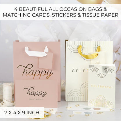 Beautiful Birthday Gift Bags Set of 4 - Medium Sized 9" Gift Bags with Handles incl. Matching Tissue Paper, Cards & Stickers - Reusable & For Presents of Any Weddings, Mothers Day or Other Occasion