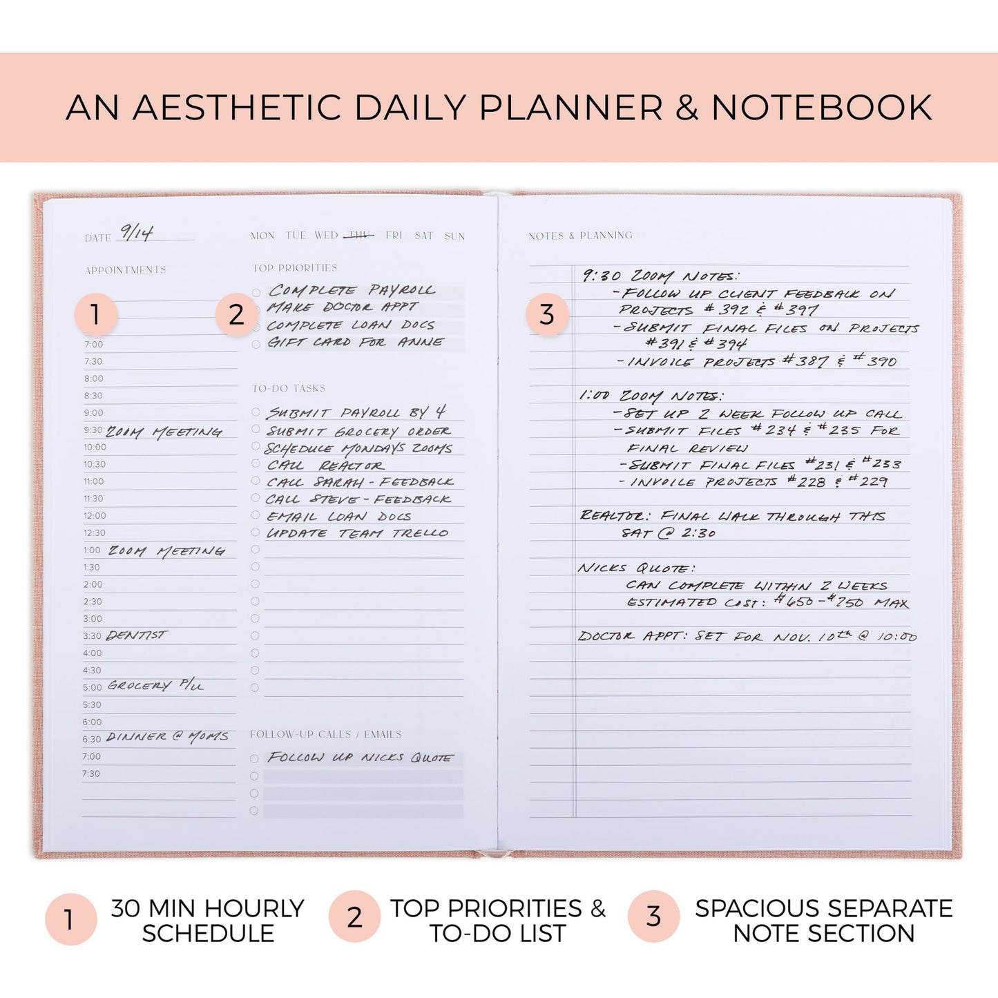 Aesthetic Daily Planner And Notebook With Hourly Schedule - Modern Hardcover To do List Notepad to Easily Organize Your Work Tasks And Appointments - The Perfect Book for School & Office Supplies