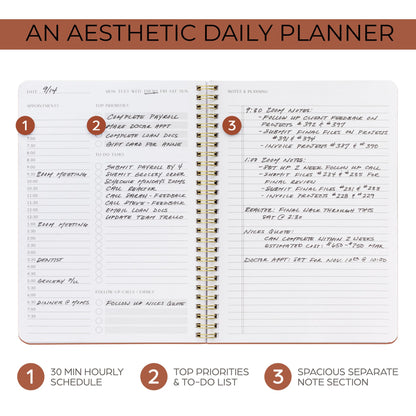 Beautiful Daily Planner And Notebook With Hourly Schedule - Aesthetic Spiral To do List Notepad to Easily Organize Your Tasks And Appointments - Stylish Book And School Or Office Supplies For Women