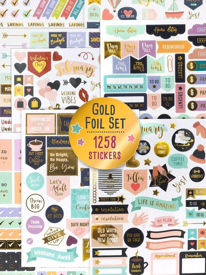 Aesthetic Gold Foil Planner Stickers - 1250+ Stunning Design Accessories Enhance and Streamline Your Planner, Journal and Calendar