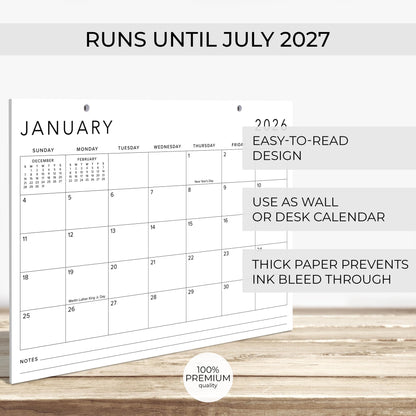 Aesthetic 2026 Desk Calendar - Runs From January 2026 Until July 2027 - Large Minimalistic Office Desktop/Wall Calendar 16"x12" for Easy Organizing