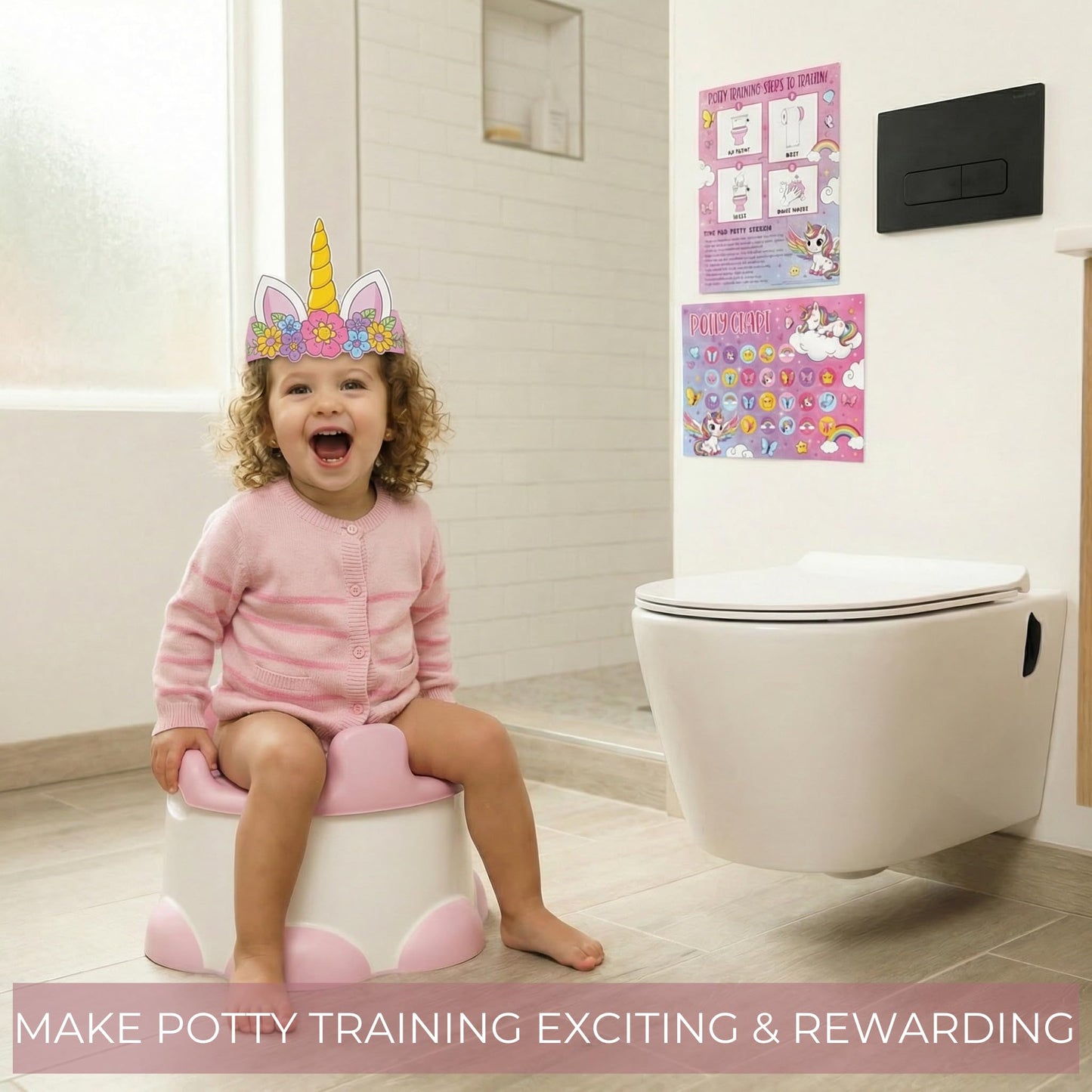 Fun Potty Training Chart with Stickers for Girls - Motivating Unicorn Rewards System with Stickers for Toddler Potty Training - Easy to Use Potty Training Poster that Kids Love
