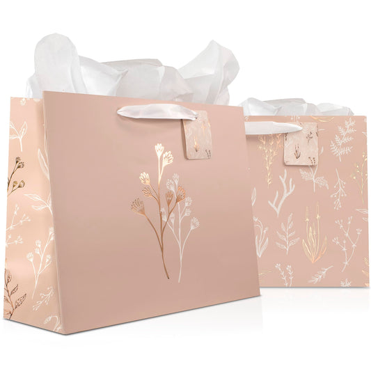 Beautiful Gift Bags Set of 2 - Large 13" Bags with Handles incl. Matching Tissue Paper, Cards & Stickers - Reusable and Perfect For Presents of Any Birthday, Weddings, Mothers Day & Special Occasion