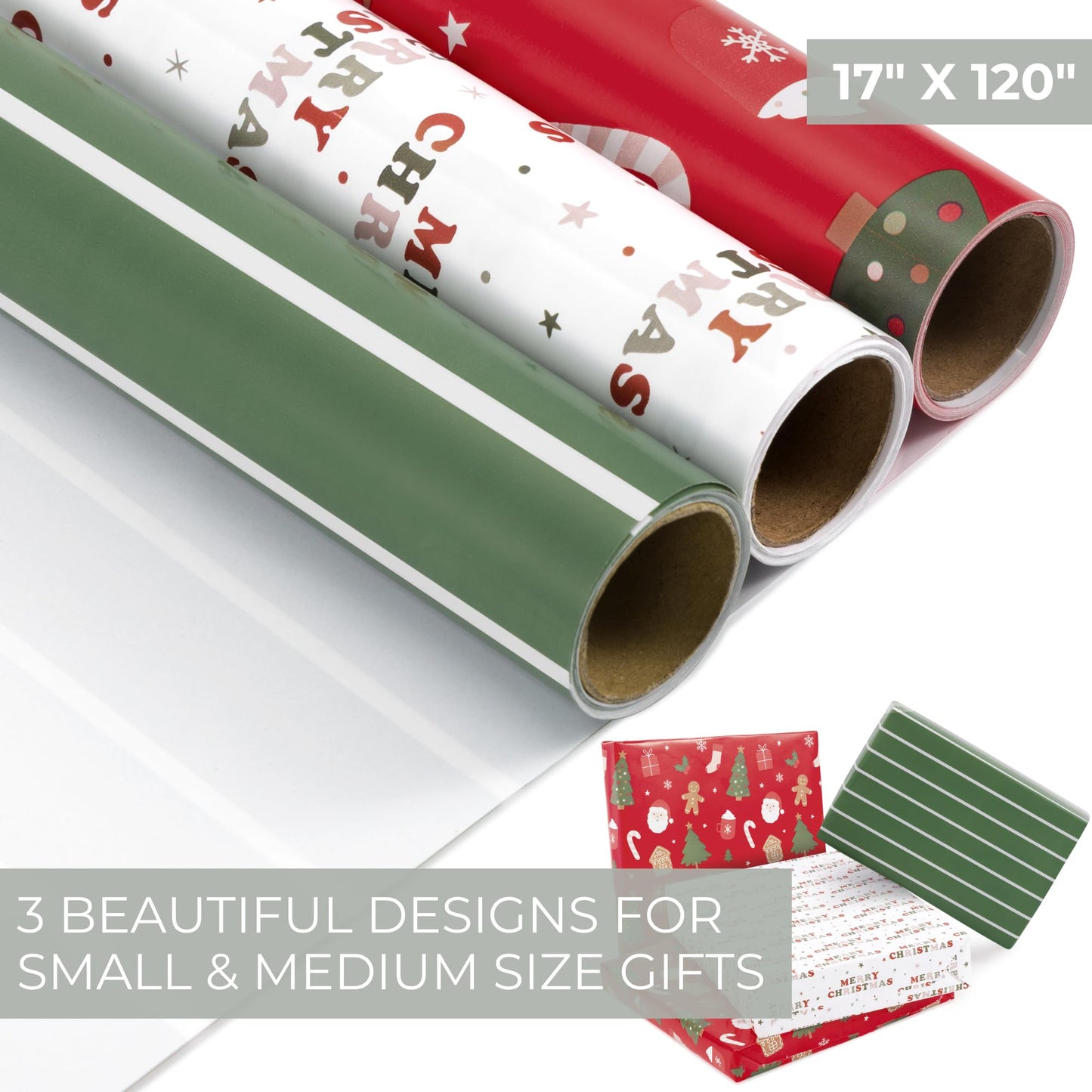Beautiful Christmas Gift Wrapping Paper Rolls For Small & Medium Size Gifts - Set of 3 Quality Paper Rolls With Cute Designs - Add a Touch of Magic to Every Gift You Wrap - 17 in x 120 in Per Roll