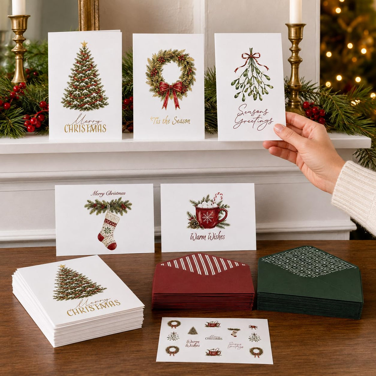 ZICOTO Beautiful Christmas Cards Set of 20 with Watercolor Designs & Envelopes Incl. Bulk Envelopes, Matching Stickers and Storage Box - Perfect to Send Warm Holiday Wishes to Friends and Family