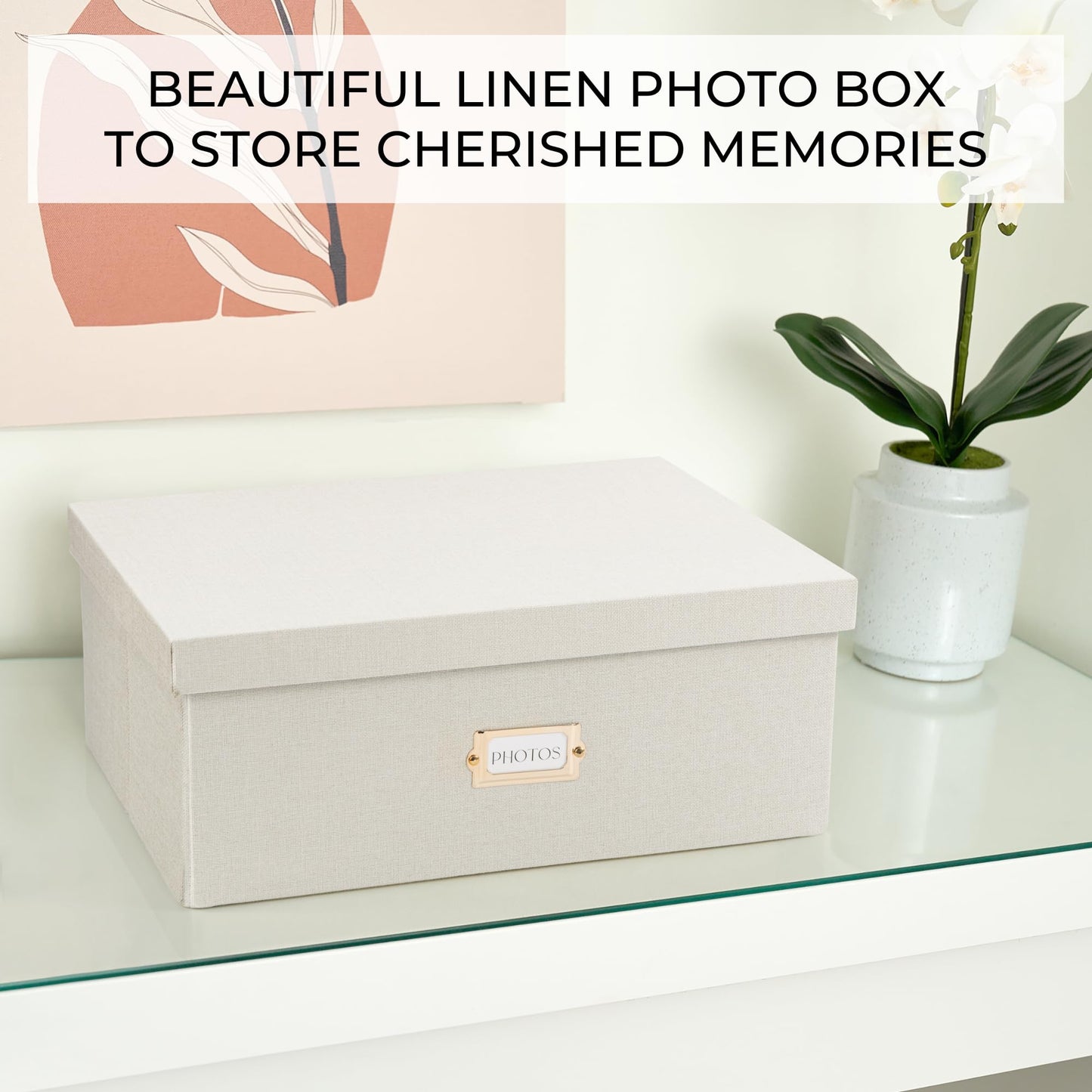 Decorative Photo Storage Box - Sturdy Linen Photo Organizer with Dividers - Stores Up to 850 4x6 Photos - Portable Scrapbook Storage Container with Lid