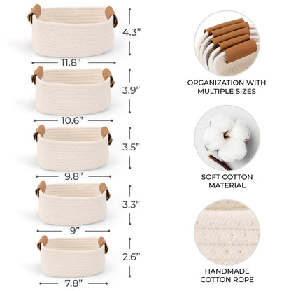 Beautiful Storage Basket Set of 5 - Sturdy Cotton Rope Baskets for Shelves Are Perfect for Organizing Your Home - Quality Storage Bins Easily Fit With Any Nursery or Bedroom Decor