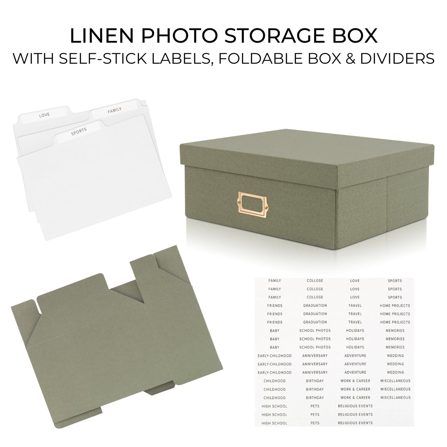 Decorative Photo Storage Box - Sturdy Linen Photo Organizer with Dividers - Stores Up to 850 4x6 Photos - Portable Scrapbook Storage Container with Lid