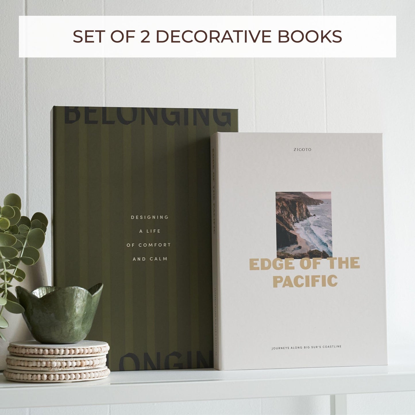 ZICOTO Beautiful Decorative Book Boxes – Set of 2 Faux Books with Lids, Paper-Covered Storage for Coffee Table, Bookshelf or Mantel – Modern Photo & Keepsake Organizer
