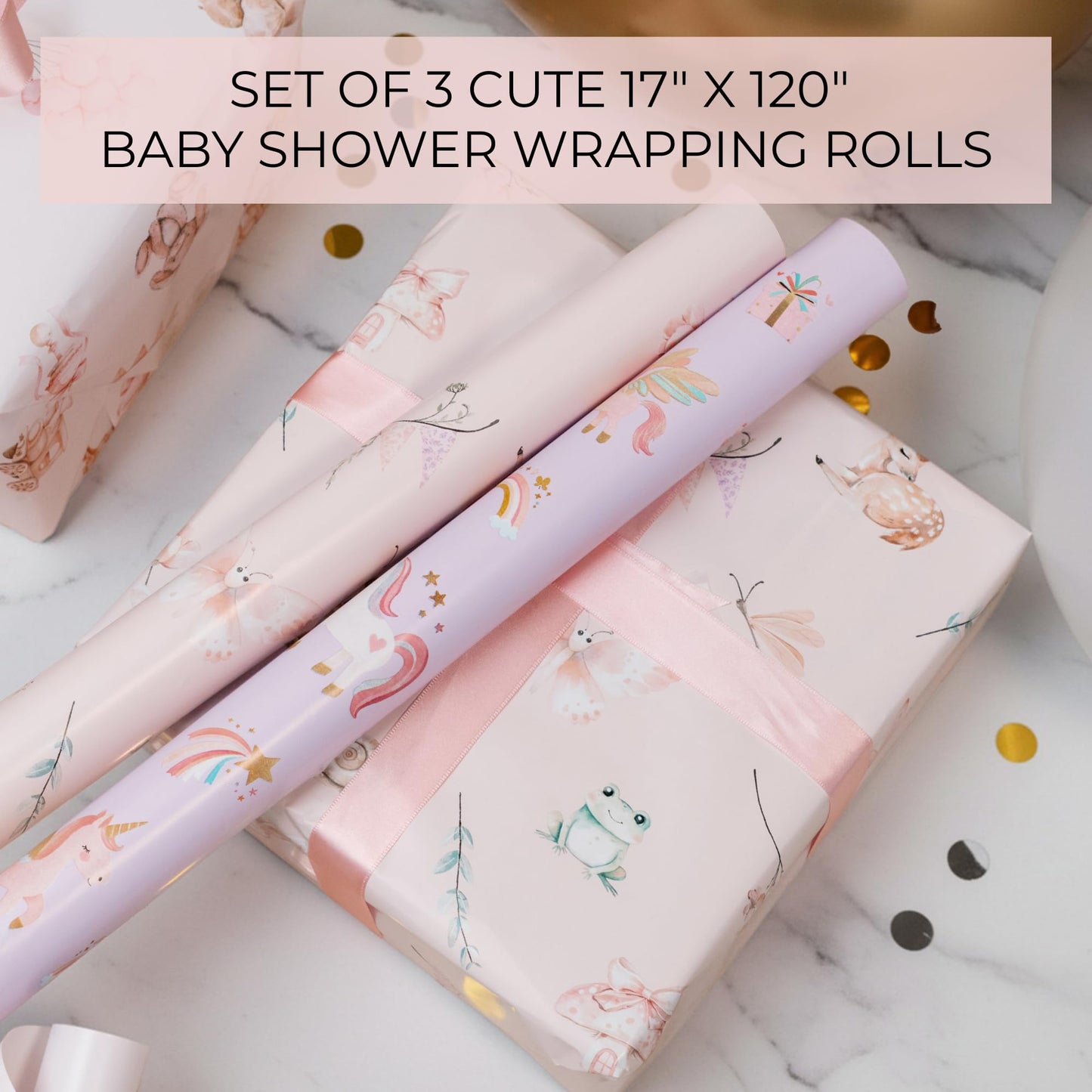 ZICOTO Beautiful Gift Wrapping Paper Rolls for Baby Shower - Cute Set of 3 Quality Rolls For Girls Birthdays & Baby Showers - Add a Touch of Magic to Every Gift You Wrap - 17 x 120 in