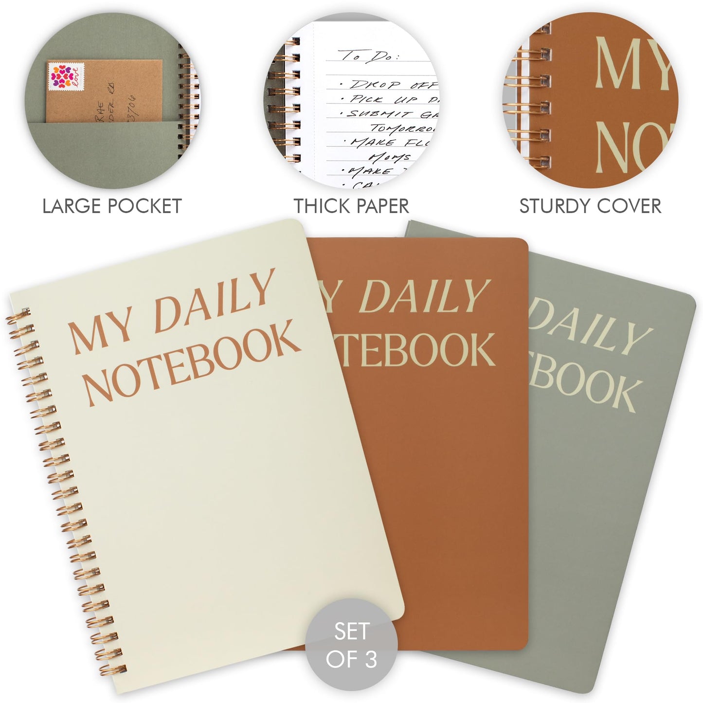 ZICOTO Aesthetic Spiral Notebook Set of 3 For Women - Cute College Ruled 8x6 Journal/Notebook with Large Pockets And Lined Pages - Perfect Supplies to Stay Organized at Work or School