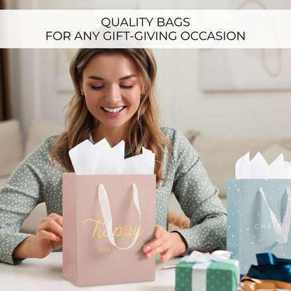 Beautiful Birthday Gift Bags Set of 4 - Medium Sized 9" Gift Bags with Handles incl. Matching Tissue Paper, Cards & Stickers - Reusable & For Presents of Any Weddings, Mothers Day or Other Occasion