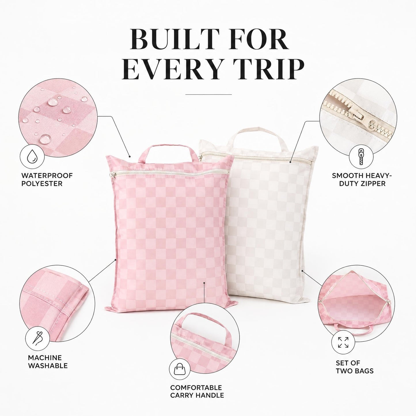 ZICOTO Stylish Travel Laundry Bags for Women - Set of 2 Waterproof Wet Bags, Ideal for Dirty Clothes, Wet Swimsuits and More - Charming Checkered Wet Dry Bag with Zipper and Handle for Beach and Pool