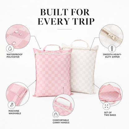 ZICOTO Stylish Travel Laundry Bags for Women - Set of 2 Waterproof Wet Bags, Ideal for Dirty Clothes, Wet Swimsuits and More - Charming Checkered Wet Dry Bag with Zipper and Handle for Beach and Pool