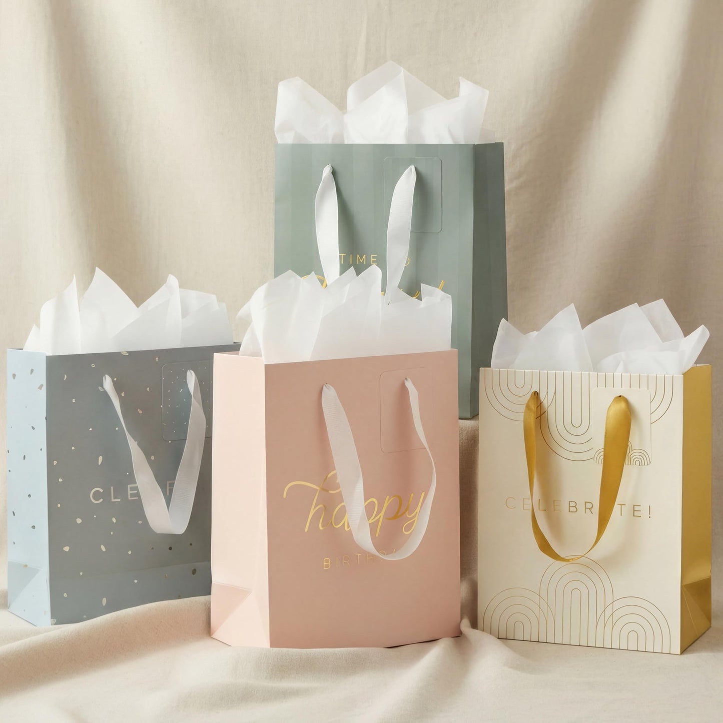 Beautiful Birthday Gift Bags Set of 4 - Medium Sized 9" Gift Bags with Handles incl. Matching Tissue Paper, Cards & Stickers - Reusable & For Presents of Any Weddings, Mothers Day or Other Occasion