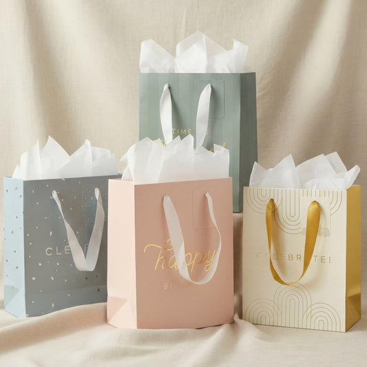 Beautiful Birthday Gift Bags Set of 4 - Medium Sized 9" Gift Bags with Handles incl. Matching Tissue Paper, Cards & Stickers - Reusable & For Presents of Any Weddings, Mothers Day or Other Occasion