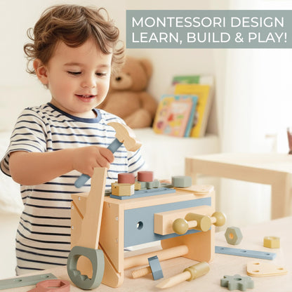 Stylish Wooden Tool Set for Toddlers - Durable Montessori Tool Box Kit with Hammer for Boys & Girls 2-5 Years - Fun Christmas Toy Gift for Kids with 30+ Safe Tools for Creative Play