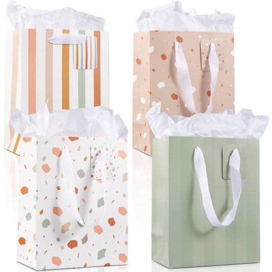 Beautiful Gift Bags Set of 4 - Medium Sized 9" Bags with Handles incl. Matching Tissue Paper, Cards & Small Stickers - Reusable & For Presents of Any Birthday, Weddings, Mothers Day & Other Occasion