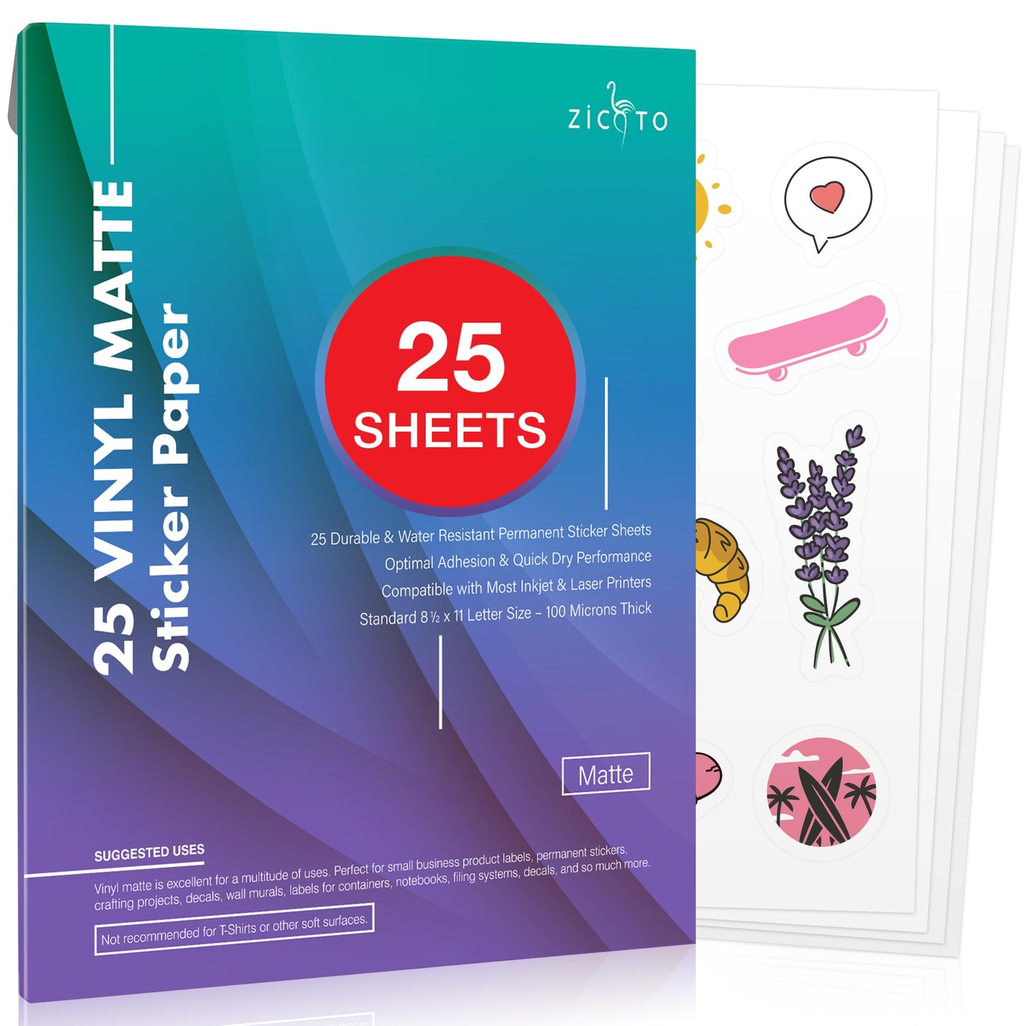 Premium Printable Vinyl Sticker Paper for Your Inkjet and Laser Printer - 25 Matte White Waterproof Decal Paper Sheets - Dries Quickly and Holds Ink Beautifully - Accessories Set for Cricut