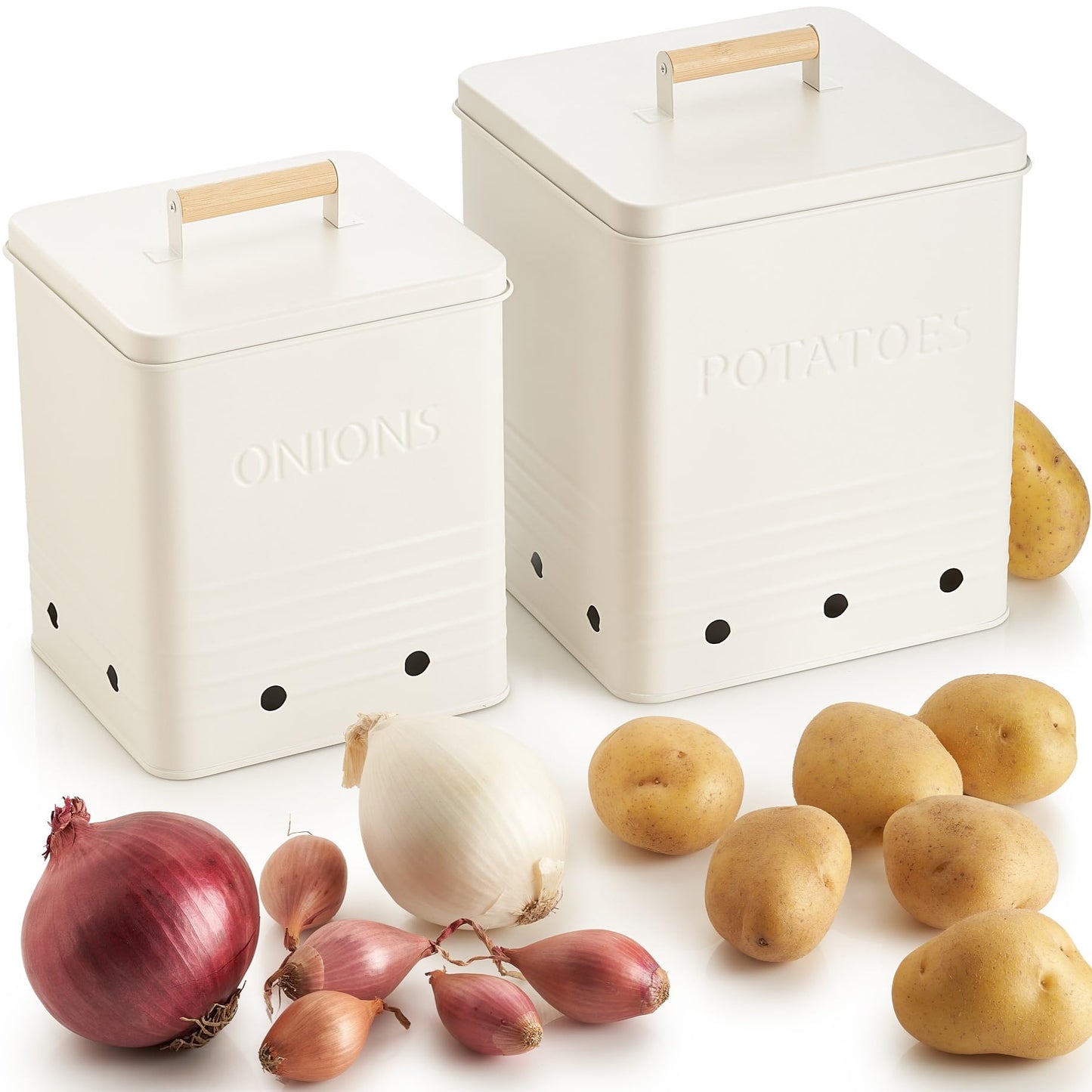 Beautiful Potato and Onion Storage Container Set - Perfectly Sized Spacious Canisters For Your Kitchen Counter Or Pantry - Quality Food Safe Metal Bins Keep Your Produce/Vegetables Fresh Longer
