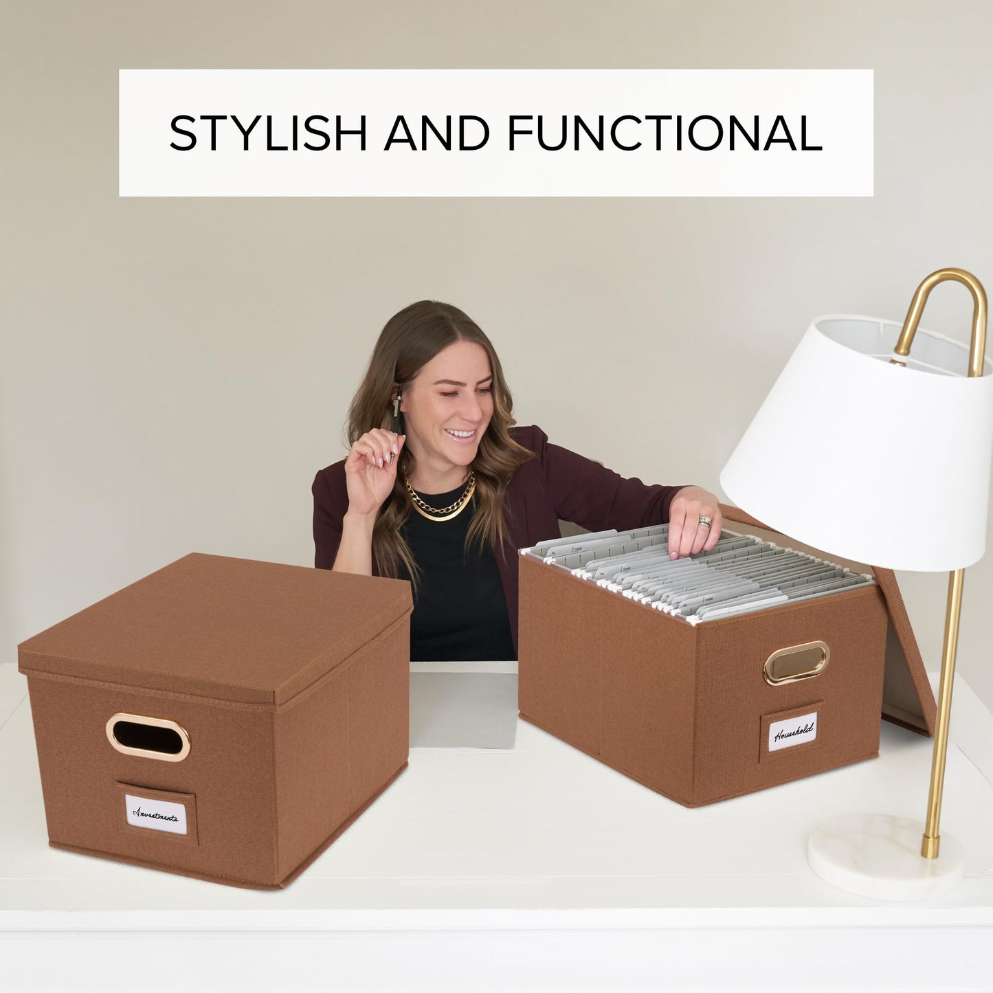 ZICOTO Decorative File Organizer Box Set of 2 - Collapsible Linen Filing Cabinets w/Handles Are Perfect to Store all Your Documents & Hanging File Folders - Portable Easy Slide Crates with Lid