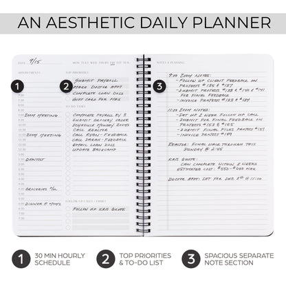 Beautiful Daily Planner And Notebook With Hourly Schedule - Aesthetic Spiral To do List Notepad to Easily Organize Your Tasks And Appointments - Stylish Book And School Or Office Supplies For Women
