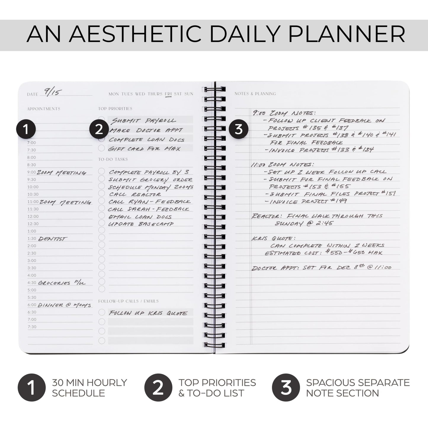 Beautiful Daily Planner And Notebook With Hourly Schedule - Aesthetic Spiral To do List Notepad to Easily Organize Your Tasks And Appointments - Stylish Book And School Or Office Supplies For Women