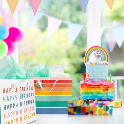 ZICOTO Beautiful Birthday Gift Bags Set of 2 - Large 16" Bags with Handles incl. Matching Tissue Paper, Cards & Stickers - Reusable and Perfect For Kids Presens