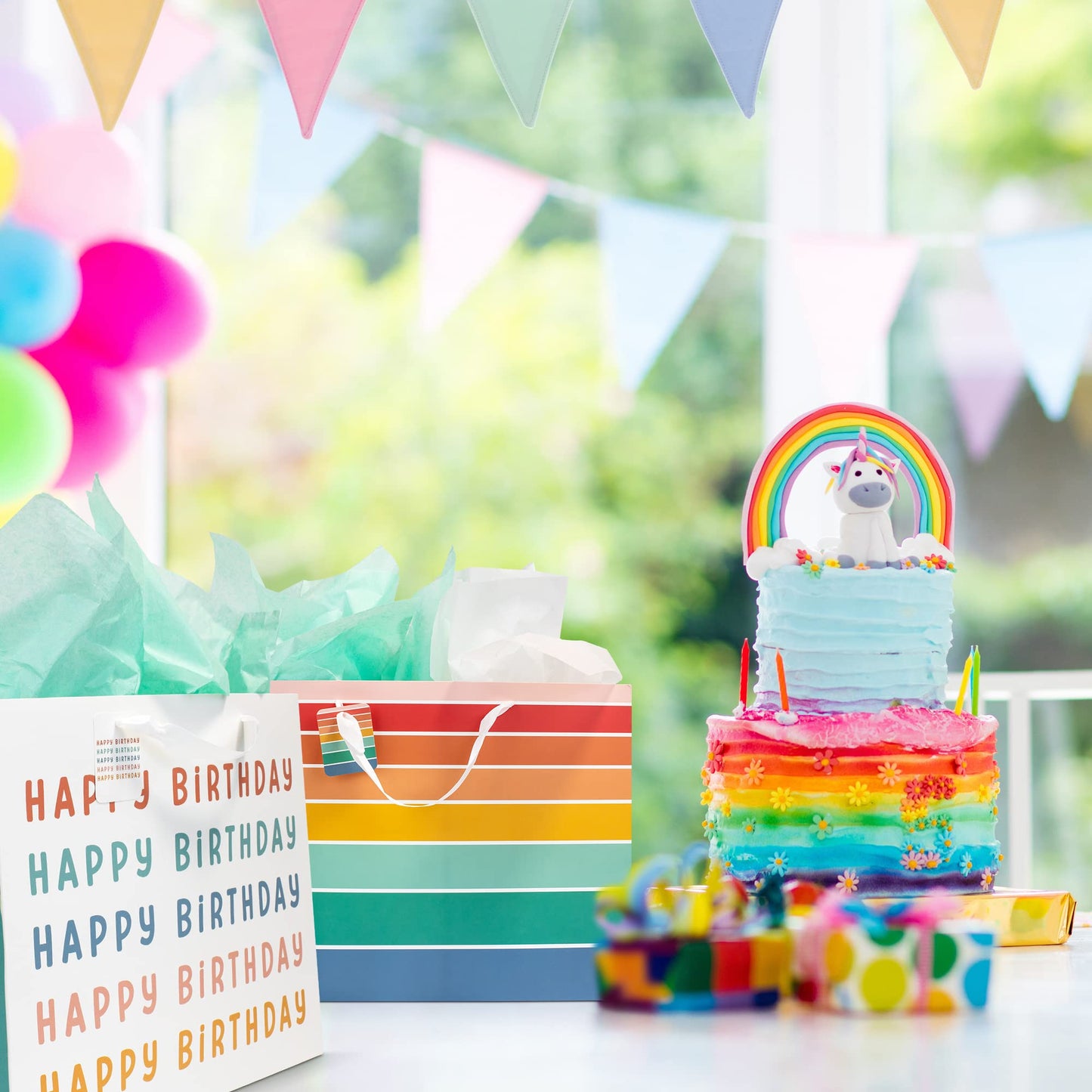 ZICOTO Beautiful Birthday Gift Bags Set of 2 - Large 16" Bags with Handles incl. Matching Tissue Paper, Cards & Stickers - Reusable and Perfect For Kids Presens