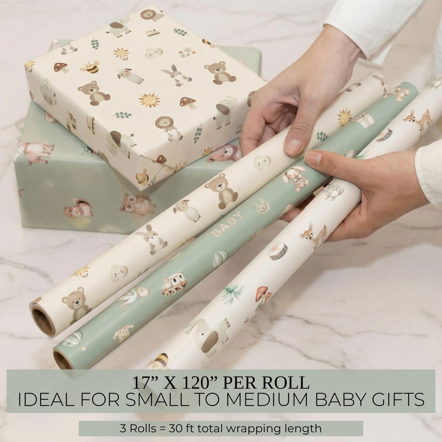 ZICOTO Beautiful Gift Wrapping Paper Rolls for Baby Shower - Cute Set of 3 Quality Rolls For Woodland Baby Shower - Add a Touch of Magic to Every Gift You Wrap - 17 x 120 in