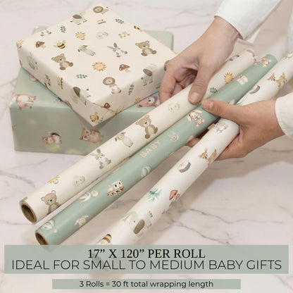 ZICOTO Beautiful Gift Wrapping Paper Rolls for Baby Shower - Cute Set of 3 Quality Rolls For Woodland Baby Shower - Add a Touch of Magic to Every Gift You Wrap - 17 x 120 in