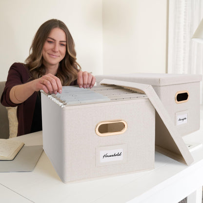 ZICOTO Decorative File Organizer Box Set of 2 - Collapsible Linen Filing Cabinets w/Handles Are Perfect to Store all Your Documents & Hanging File Folders - Portable Easy Slide Crates with Lid