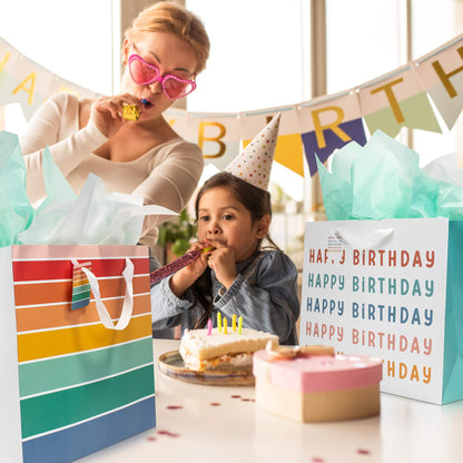 ZICOTO Beautiful Birthday Gift Bags Set of 2 - Large 16" Bags with Handles incl. Matching Tissue Paper, Cards & Stickers - Reusable and Perfect For Kids Presens