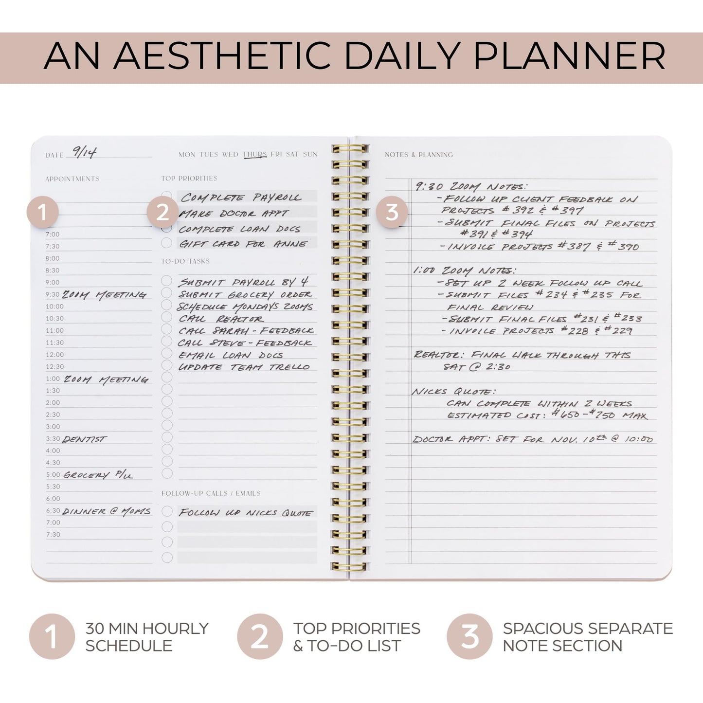Beautiful Daily Planner And Notebook With Hourly Schedule - Aesthetic Spiral To do List Notepad to Easily Organize Your Tasks And Appointments - Stylish Book And School Or Office Supplies For Women