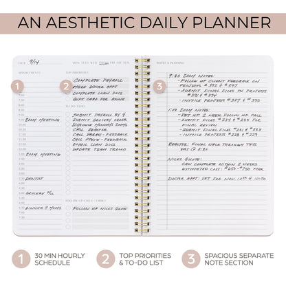 Beautiful Daily Planner And Notebook With Hourly Schedule - Aesthetic Spiral To do List Notepad to Easily Organize Your Tasks And Appointments - Stylish Book And School Or Office Supplies For Women