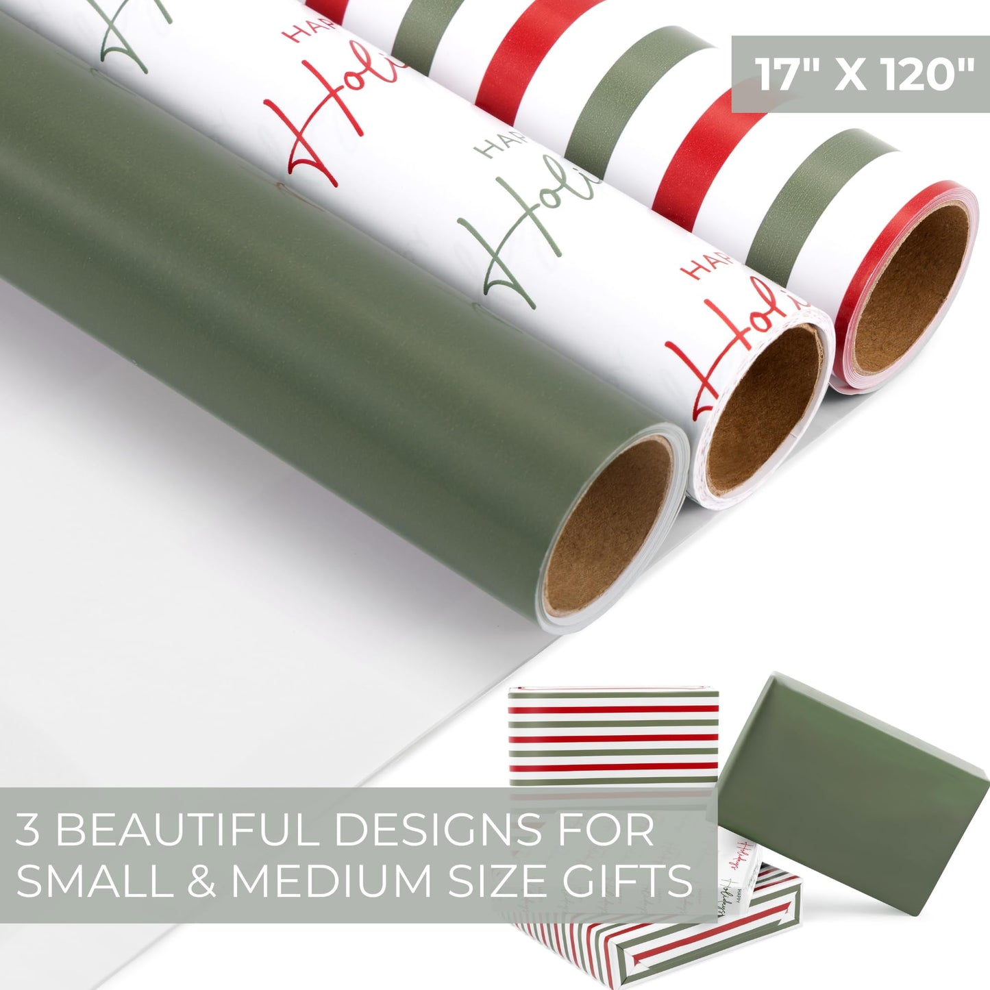 Beautiful Christmas Gift Wrapping Paper Rolls For Small & Medium Size Gifts - Set of 3 Quality Paper Rolls With Vintage Designs - Add a Touch of Magic to Every Gift You Wrap - 17 in x 120 in/Roll