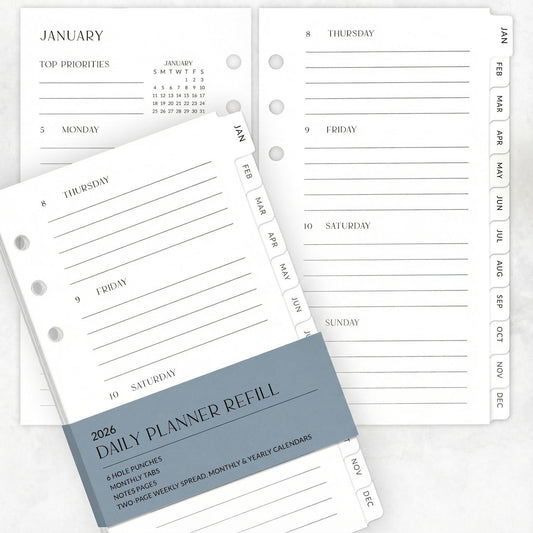 Minimalistic Daily Planner Inserts - 6-Hole Punched 2025-2026 Planner Refills for Ring Binder - Small Planner Binder Inserts With Cover and Tabs from January 2026 until December 2026