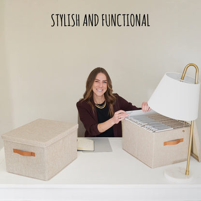 ZICOTO Decorative File Organizer Box Set of 2 - Collapsible Linen Filing Cabinets w/Handles Are Perfect to Store all Your Documents & Hanging File Folders - Portable Easy Slide File Crates with Lid