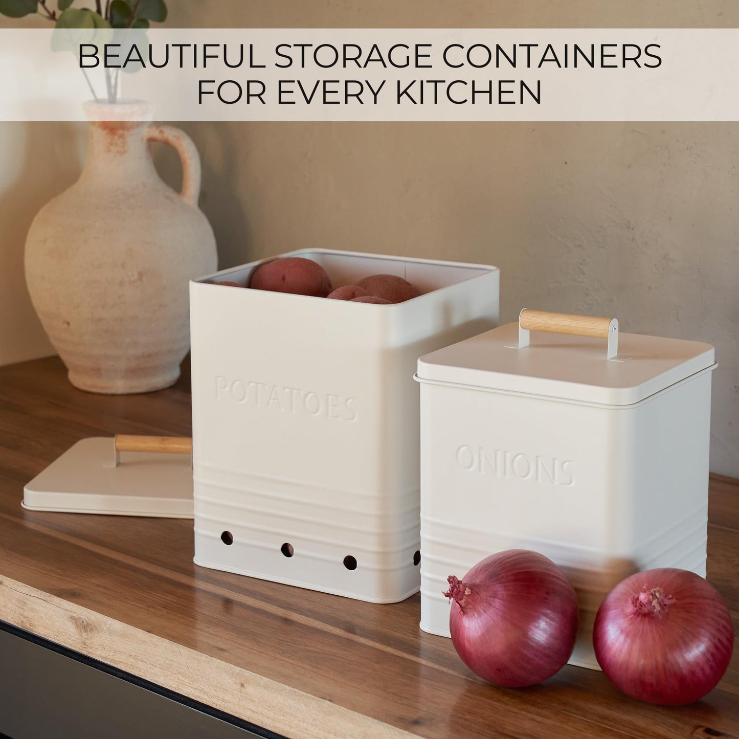 Beautiful Potato and Onion Storage Container Set - Perfectly Sized Spacious Canisters For Your Kitchen Counter Or Pantry - Quality Food Safe Metal Bins Keep Your Produce/Vegetables Fresh Longer