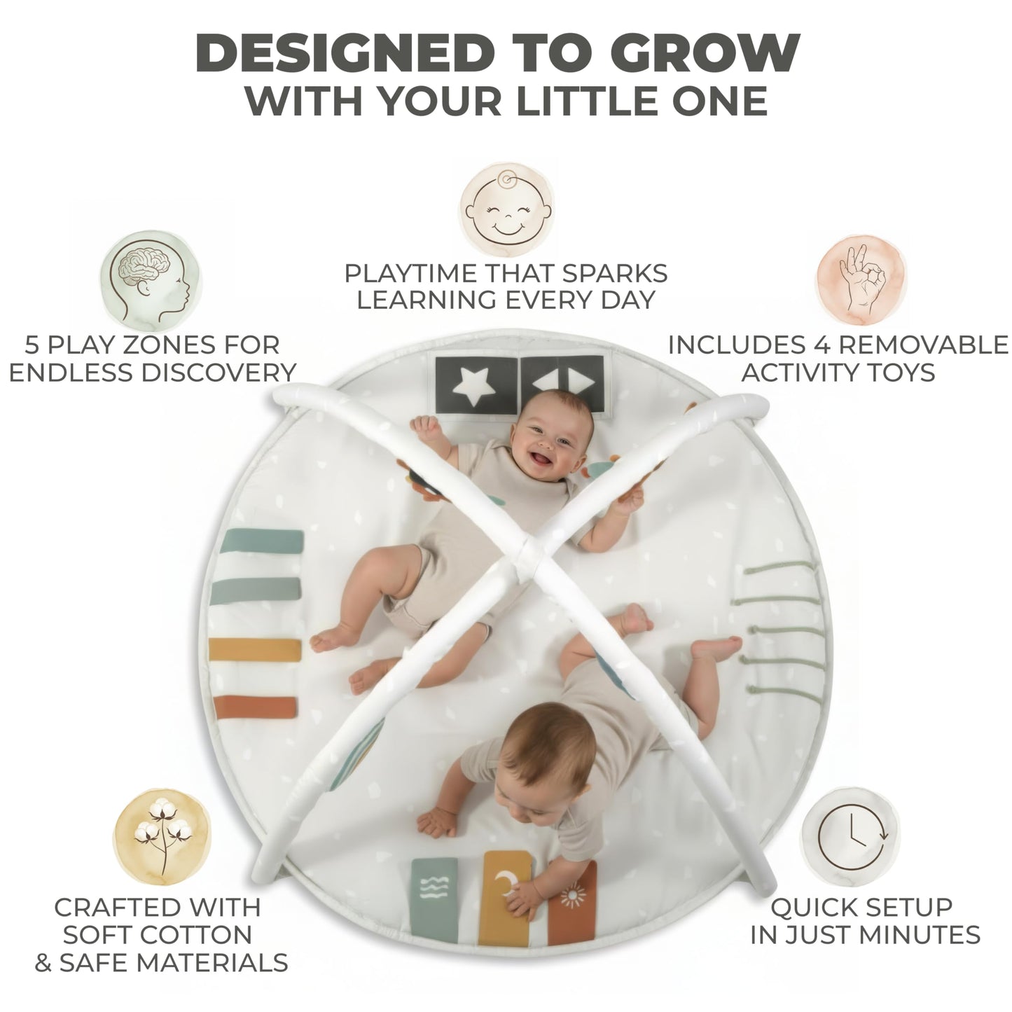 Beautiful Baby Play Gym and Tummy Time Mat - Soft Cotton Mat with 4 Cute Toys & Cards Creates The Perfect Activity Area for Your Girl/Boy - Stylish Infant Floor Playmat for Any Playroom Decor