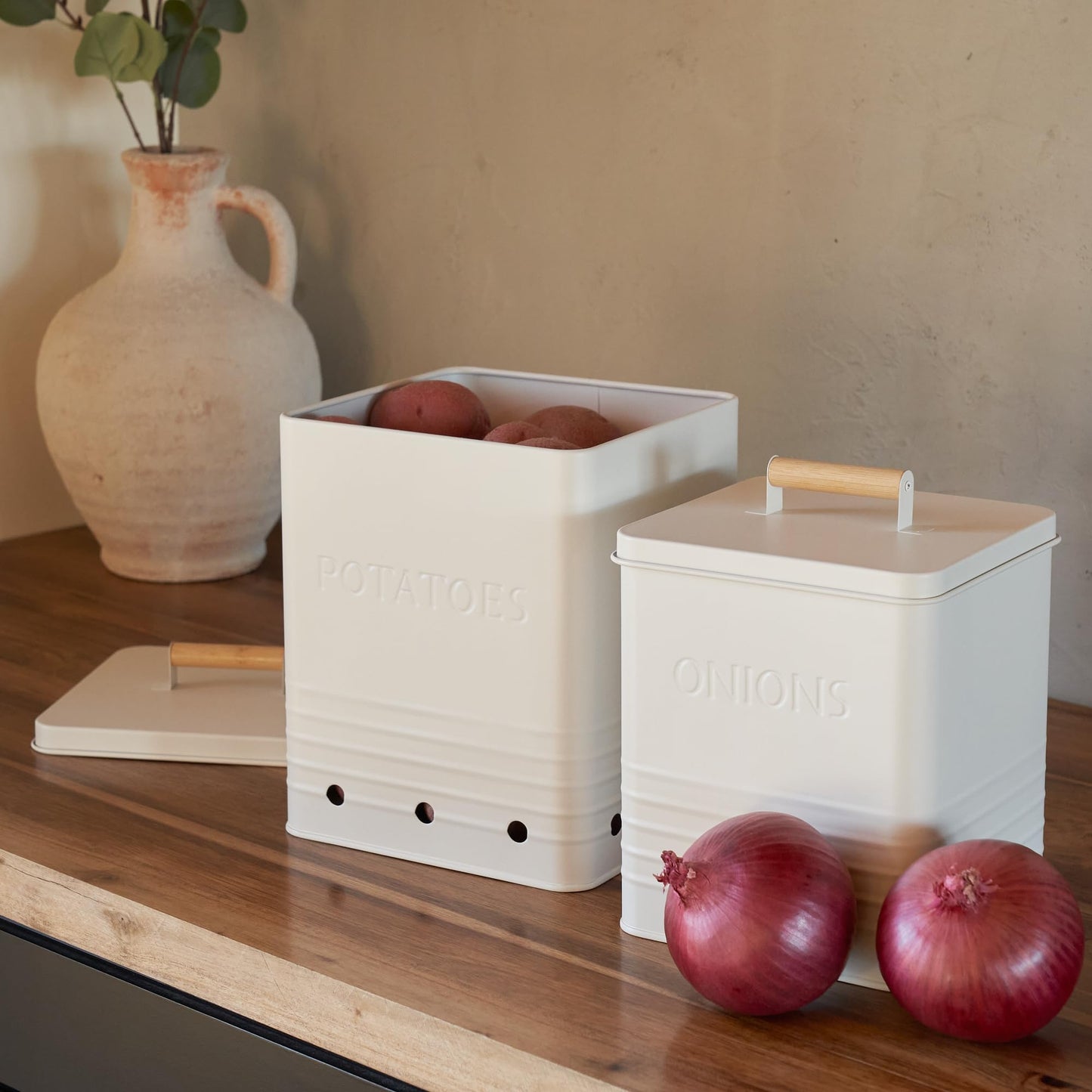 Beautiful Potato and Onion Storage Container Set - Perfectly Sized Spacious Canisters For Your Kitchen Counter Or Pantry - Quality Food Safe Metal Bins Keep Your Produce/Vegetables Fresh Longer