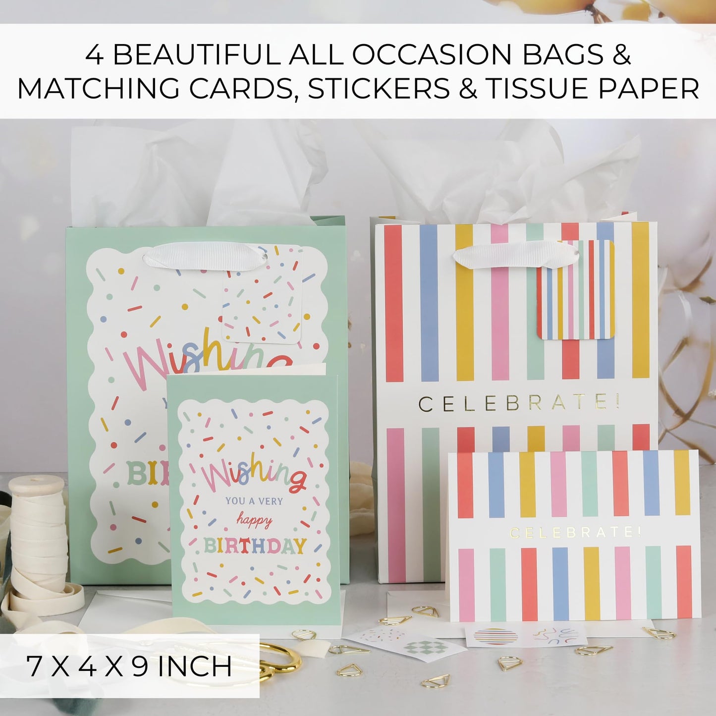 Beautiful Gift Bags Set of 4 - Medium Sized 9" Bags with Handles incl. Matching Tissue Paper, Cards & Small Stickers - Reusable & For Presents of Any Birthday, Weddings, Mothers Day & Other Occasion