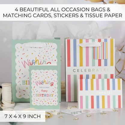 Beautiful Gift Bags Set of 4 - Medium Sized 9" Bags with Handles incl. Matching Tissue Paper, Cards & Small Stickers - Reusable & For Presents of Any Birthday, Weddings, Mothers Day & Other Occasion
