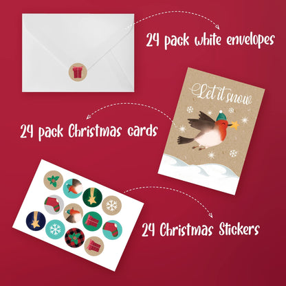 ZICOTO Beautiful Christmas Cards Set of 24 - Incl. Bulk Envelopes, Matching Stickers And Storage Box - Perfect to Send Warm Holiday Wishes to Friends and Family