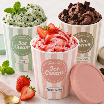 ZICOTO Set of 3 Reusable Ice Cream Containers 1 Quarts ea. - Perfect for Homemade Sorbet, Frozen Yogurt Or Gelato - Stackable Storage Pint Containers, Stickers And Lids Stores Easily In Freezer