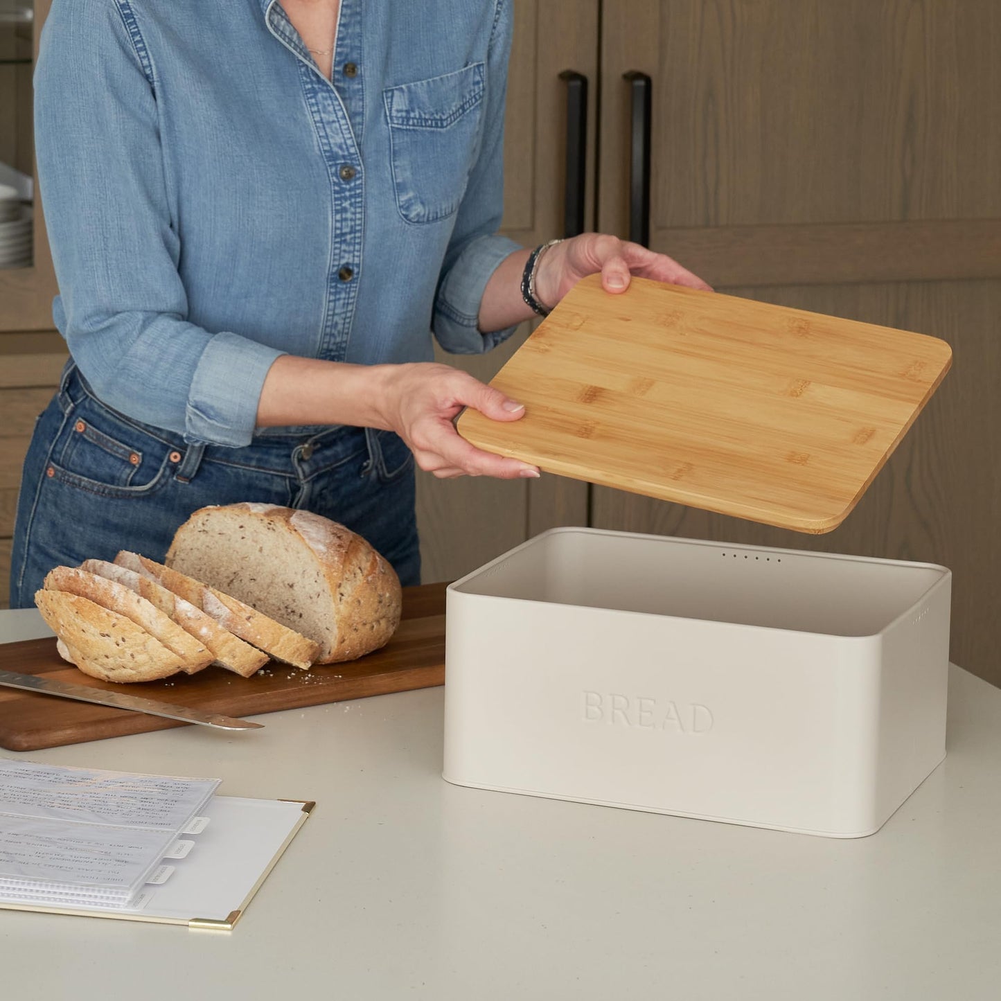 ZICOTO Beautiful Bread Box With Wooden Lid For Your Kitchen Countertop - Spacious Container Perfectly Stores Your Homemade Bread, English Muffins & Bagels - Quality Cutting Board Lid Keeps Loaf Fresh