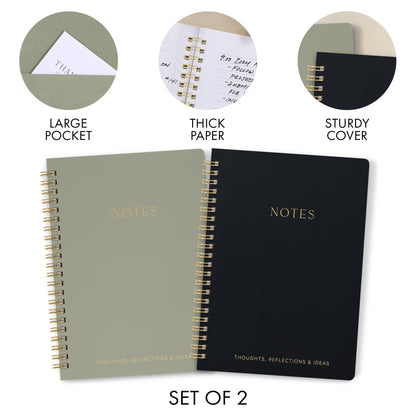 ZICOTO Aesthetic Spiral Notebook Set of 2 For Women and Men - Cute Ruled 8x6 Journal/Notebook with Pockets And Lined Pages - Perfect A5 Supplies to Stay Organized at Work or School