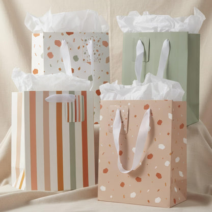 Beautiful Gift Bags Set of 4 - Medium Sized 9" Bags with Handles incl. Matching Tissue Paper, Cards & Small Stickers - Reusable & For Presents of Any Birthday, Weddings, Mothers Day & Other Occasion
